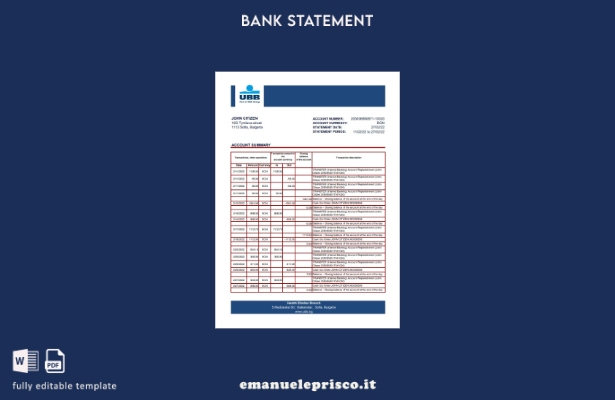 Modello Excel di estratto conto bancario Bulgaria UBB in stile verificato